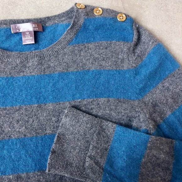 Blue and Gray Striped Cashmere Pullover Sweater - Picture 1 of 5
